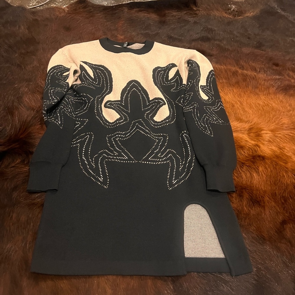 Black and Cream Knit Dress with Embroidered Design